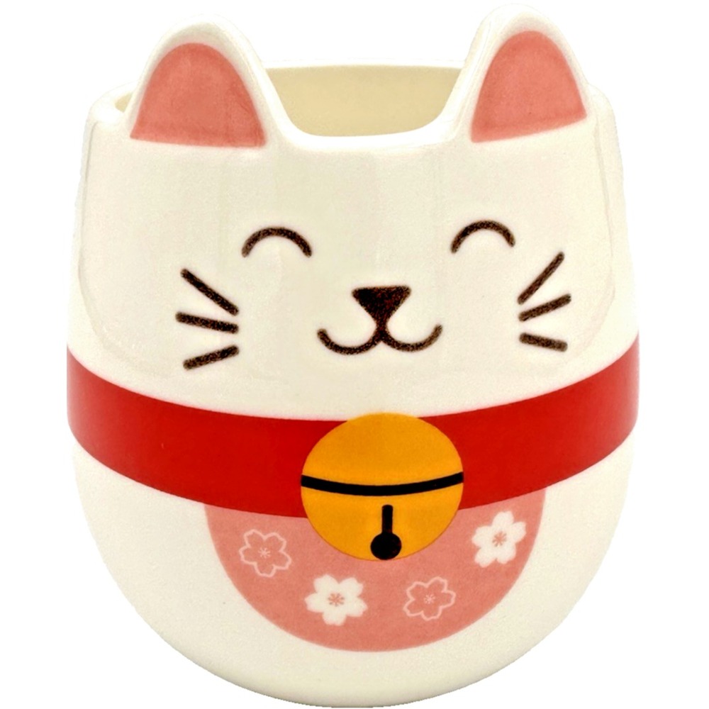Maneki Neko Lucky Cat Mug 16 oz 3D Ears Bell White Red Kawaii Japanese SH Home